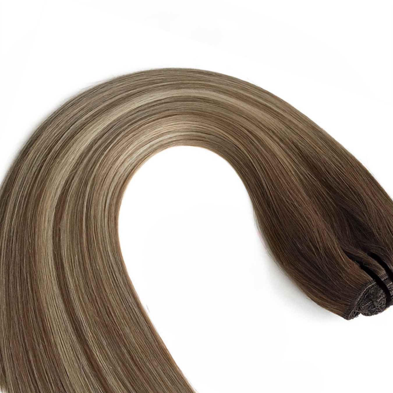 Clip-on löshår Highlighted Mocha Blonde #H8/60 med botten Medium Brown #4, 100 % äkta remy hår, lätt att fästa och styla