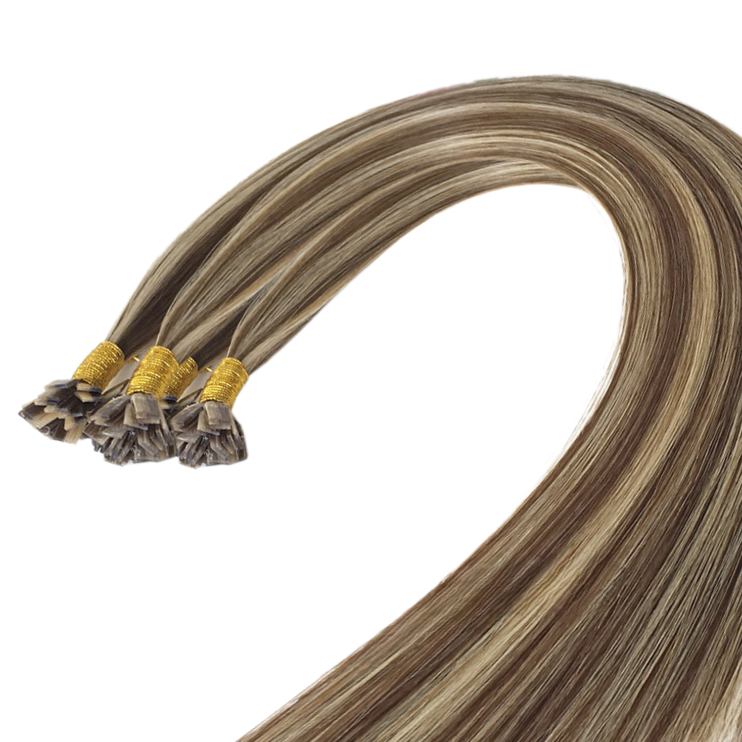 Keratinlöshår Highlighted Vanilla Latte #H6/22 – äkta remy hår i slingad ljusbrun till blond ton med keratinfästen.