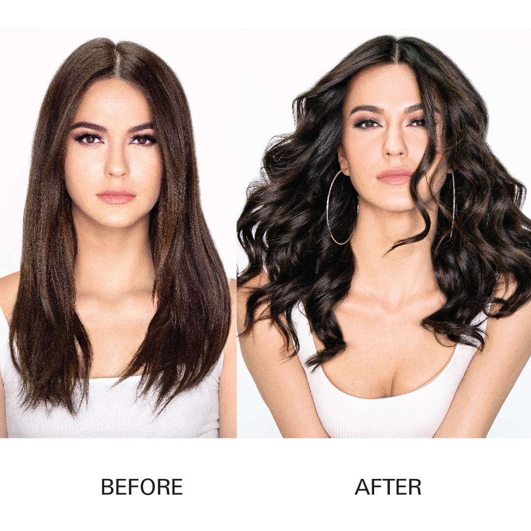 Före och efter resultat med Color Control Toning & Styling Foam 200 ml från ANA Sweden – blå toningsmousse som neutraliserar varma toner i mörkt hår