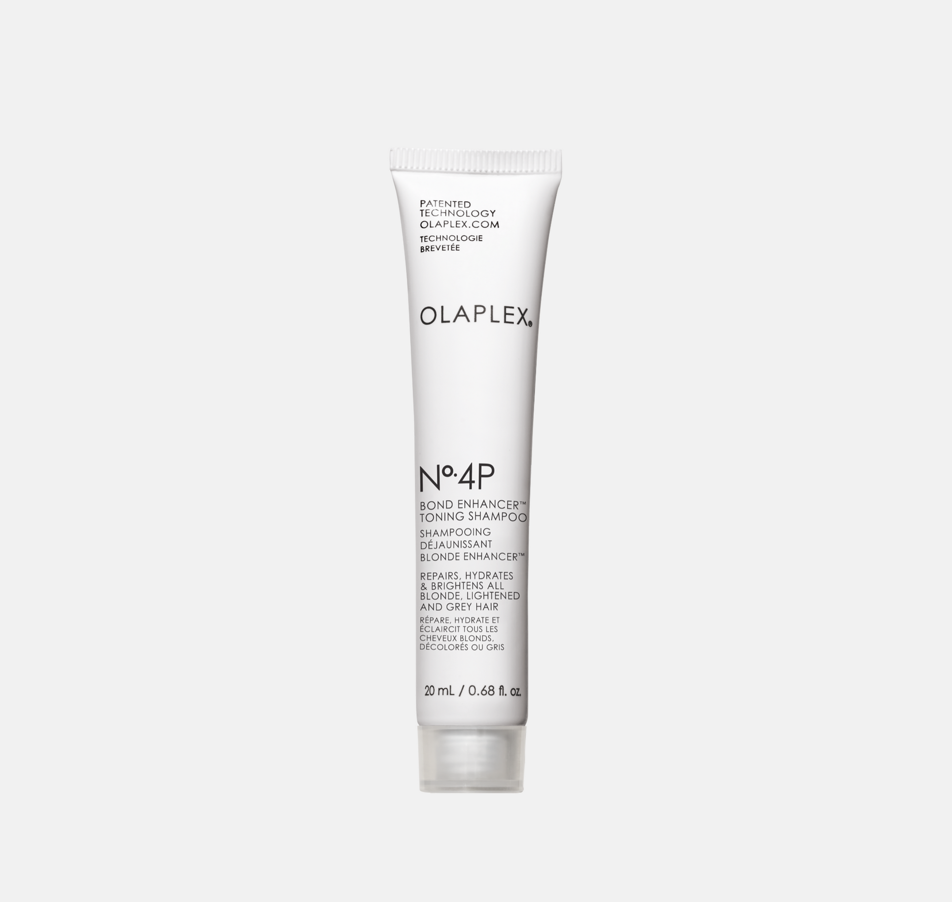 Olaplex No.4P Toning Shampoo 20 ml i travel size förpackning – silverschampo som neutraliserar gula toner, stärker håret och bevarar kalla nyanser i blont hår.